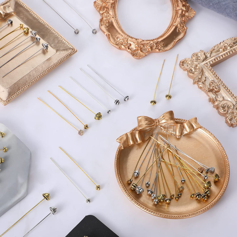 60 Pieces Jewelry Head Pins Mixed Color Alloy Pins Flower Needle Retro Long Metallic Head Pins Silver and Gold Beading Headpins for Jewelry Making Earring Bracelet Women DIY Accessories - NewNest Australia