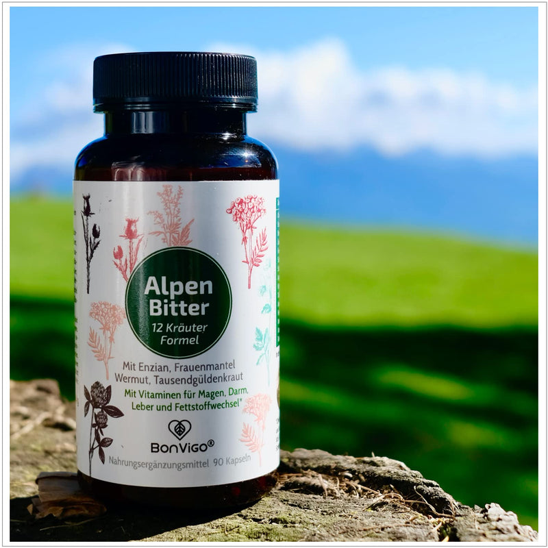 Bonvigo Alpenbitter 90 Bitter Capsules With Gentian, Wormwood, Dandelion, Centaury - Choline Supports Liver, Fat Metabolism, Digestion - 12-Herb Formula According To Stomach Bitter Monastery Recipe 1 - NewNest Australia