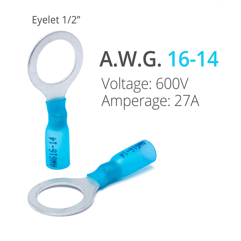 Wirefy 130 PCS Heat Shrink Ring Terminals 1/2" - Marine Grade Ring Connectors - Eyelet Wire Connectors - Large Ring Terminals - Blue 16-14 AWG Ring 1/2" Blue 16-14 Gauge - NewNest Australia