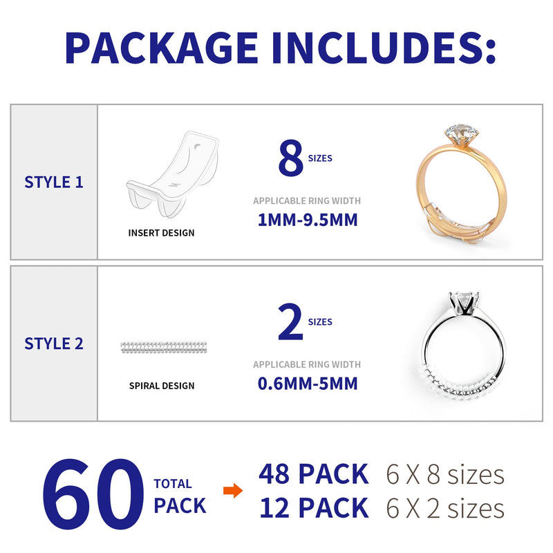 Ring Size Adjuster for Loose Rings - 60Pack, 2 Styles, Ring Guard, Ring Sizer, 10 Sizes Fit for Man and Woman Ring - NewNest Australia
