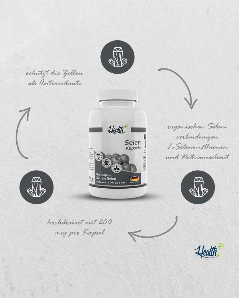 Health+ Selenium - 60 capsules with 200 mcg, essential trace element for maintaining normal hair and nails, with sodium selenite & L-selenomethionine, Made in Germany - NewNest Australia