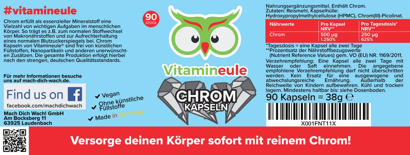 Chromium capsules - 500 µg - high dosage - quality from Germany - chromium picolinate without additives - vegan - laboratory tested - small capsules instead of tablets - blood sugar level & metabolism - Vitamineule® - NewNest Australia