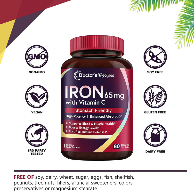 Doctor’s Recipes Iron 65 mg Carbonyl Iron with Vitamin C, Maximized Absorption Easy on The Stomach, Red Cells Formation, Blood, Heart, Brain, Muscle & Immunity Health, Vegan Non-GMO 60 Tablets - NewNest Australia