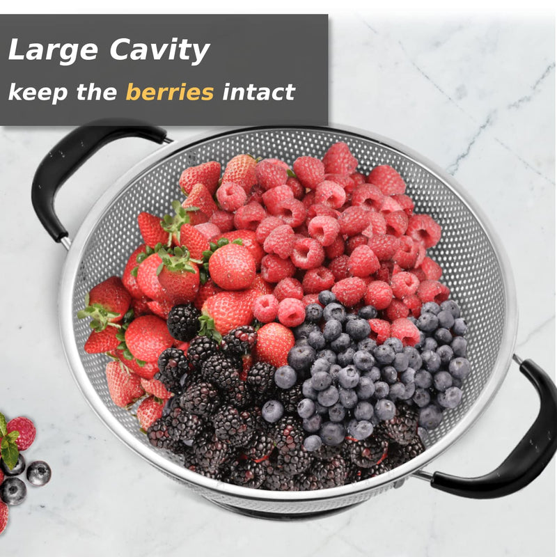 5 Qt Colander 18/8 Stainless Steel Colander Silicone Handle Easy Grip Micro-Perforated Strainer Heavy Duty and Self-draining Solid Ring Base BPA Free Dishwasher Safe - Black - NewNest Australia