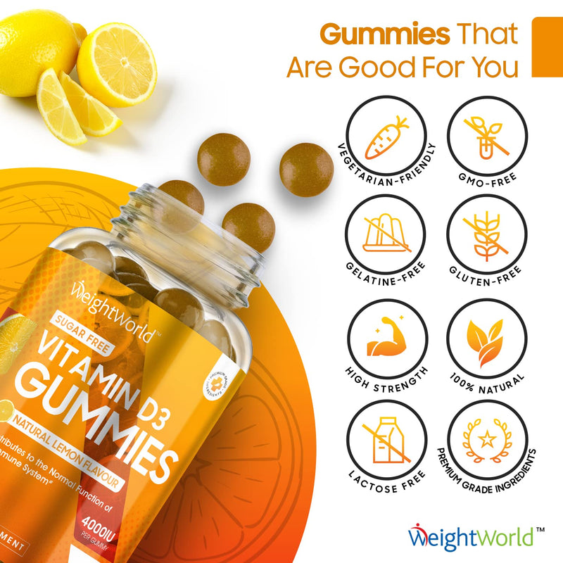 Vitamin D Gummies Adults 4000IU - Sugar Free - 4 Month Supply - Natural Lemon Flavour - 120 Chewable Vitamin D3 Gummies - Vegetarian Friendly - High Strength Vitamin D Supplement - GMO & Gluten Free - NewNest Australia