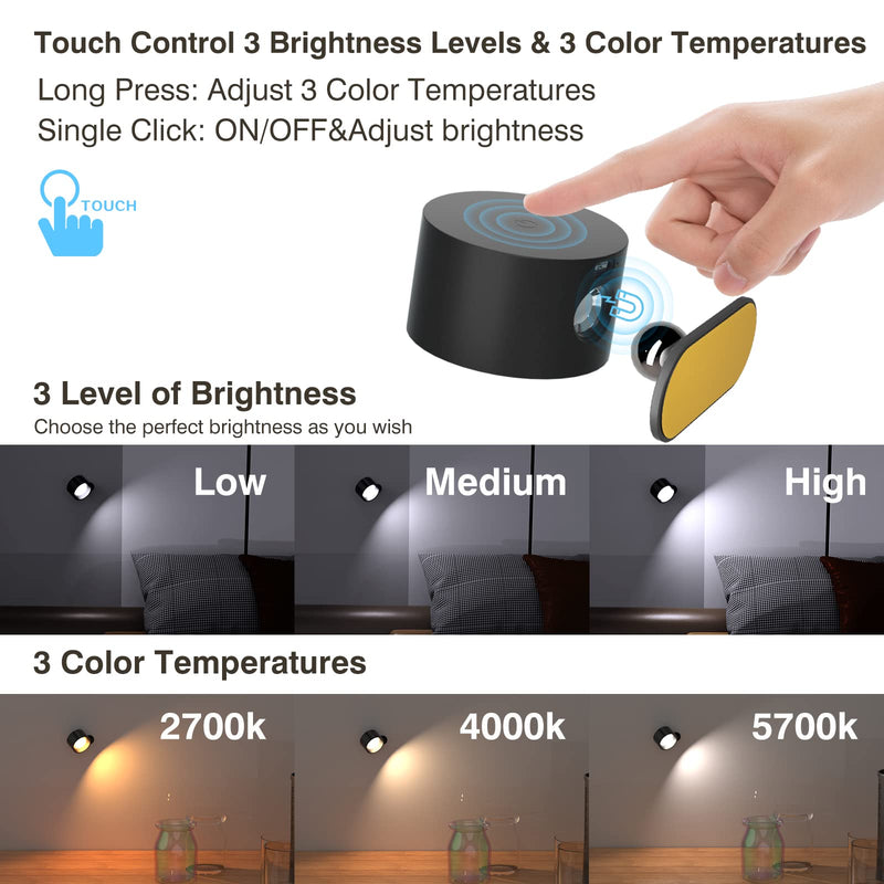 Koopala LED Wall Mounted Reading Lights, Wall Sconce with USB Charging Port 3 Brightness Levels Rechargeable Battery 360°Rotate Magnetic Ball Dimmable Touch Control, Lamps for Kid Study Bedside-1Pack Black - NewNest Australia