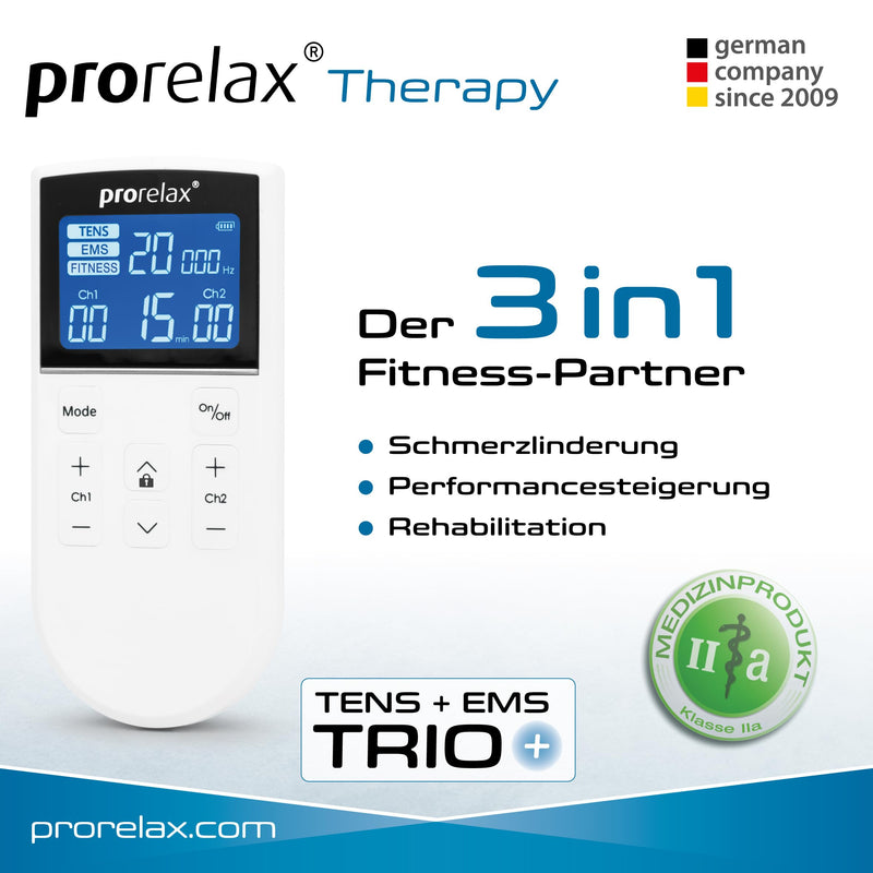 Prorelax Tens/Ems Trio+ | Battery-Operated Electrostimulation Device | 3 Therapies - Tens, Ems, Fitness | For Relaxation, Muscle Building, Pain Relief | 50 Programs | 16 Intensity Levels Trio+ - NewNest Australia