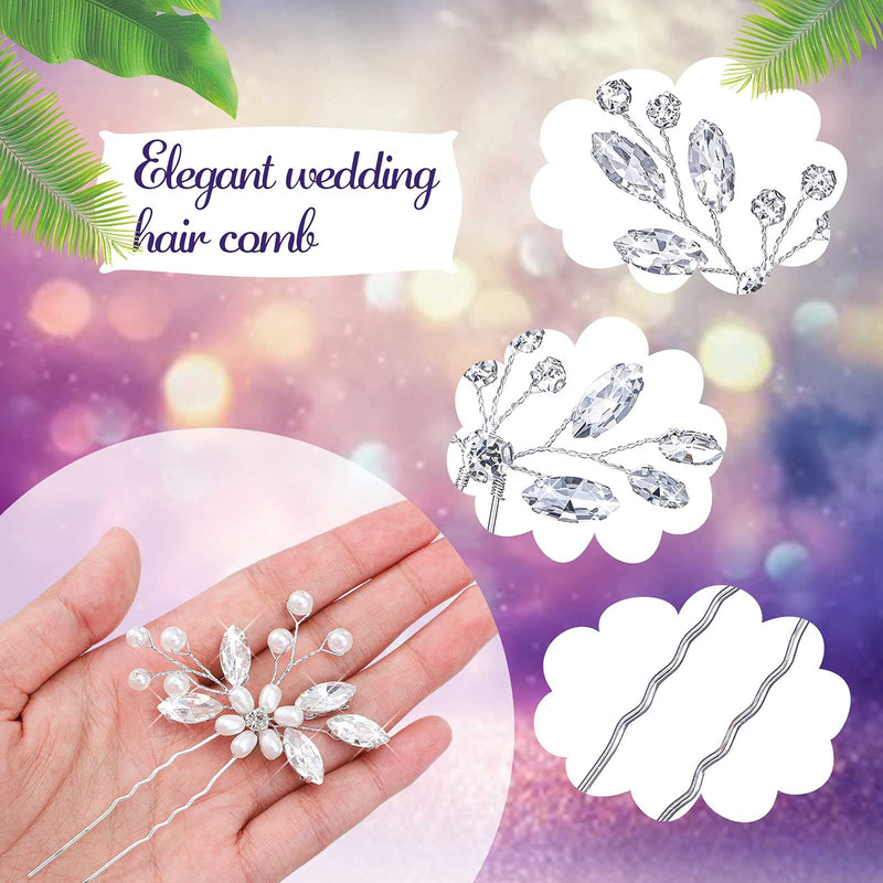 5 Pieces Pearl Wedding Hair Side Comb Crystal Bride Wedding Hair Comb U-shaped Bride Wedding Hair Pins Rhinestone Hair Accessories Pearl Flower Hair Comb for Women and Girls (Silver) - NewNest Australia