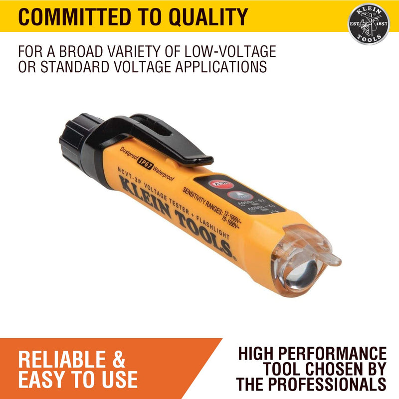 Klein Tools NCVT3P Dual Range Non Contact Voltage Tester, 12 - 1000V AC Pen, Flashlight, Audible and Flashing LED Alarms, Pocket Clip NCVT - NewNest Australia