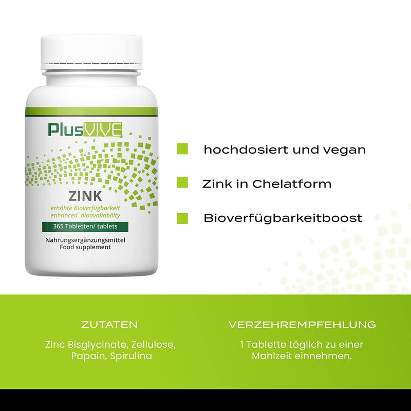 PlusVive - Zinc 365 tablets - annual supply - high dosage: 25 mg of pure zinc from zinc bisglycinate per tablet - vegan single - NewNest Australia