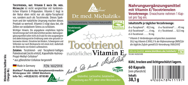 Tocotrienol natural vitamin E Dr. med. Michalzik - Tocotrienol [110 mg] + Gamma-Toc. [52.5 mg] + Delta Toc. [16 mg] - without additives - from BIOTIKON® - NewNest Australia