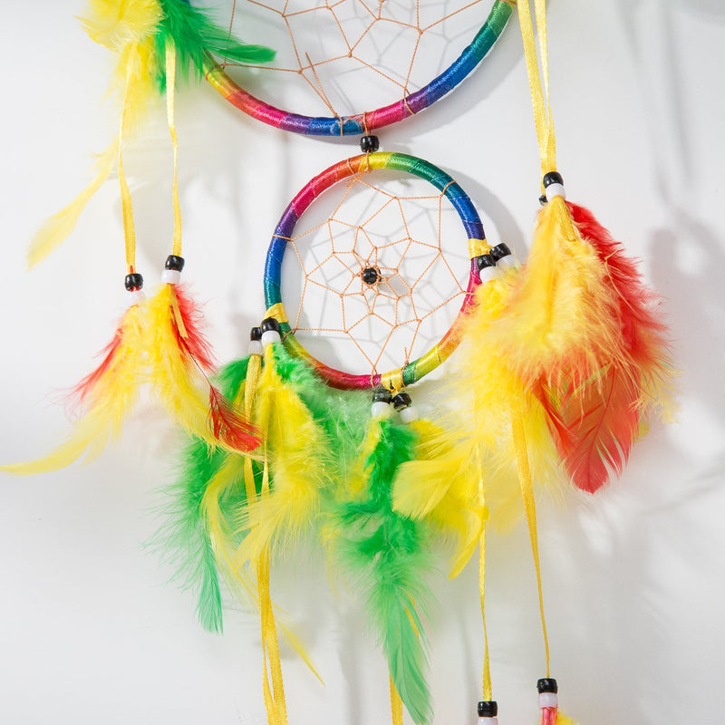 NewNest Australia - THY COLLECTIBLES 18" Traditional Rainbow Dream Catcher with Feathers Wall or Car Hanging Ornament Double Circles 