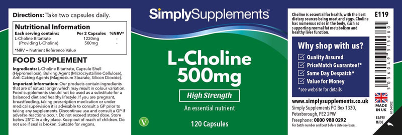 L-Choline 500mg - 120 capsules - suitable for vegans - supply for 2 months - SimplySupplements - NewNest Australia