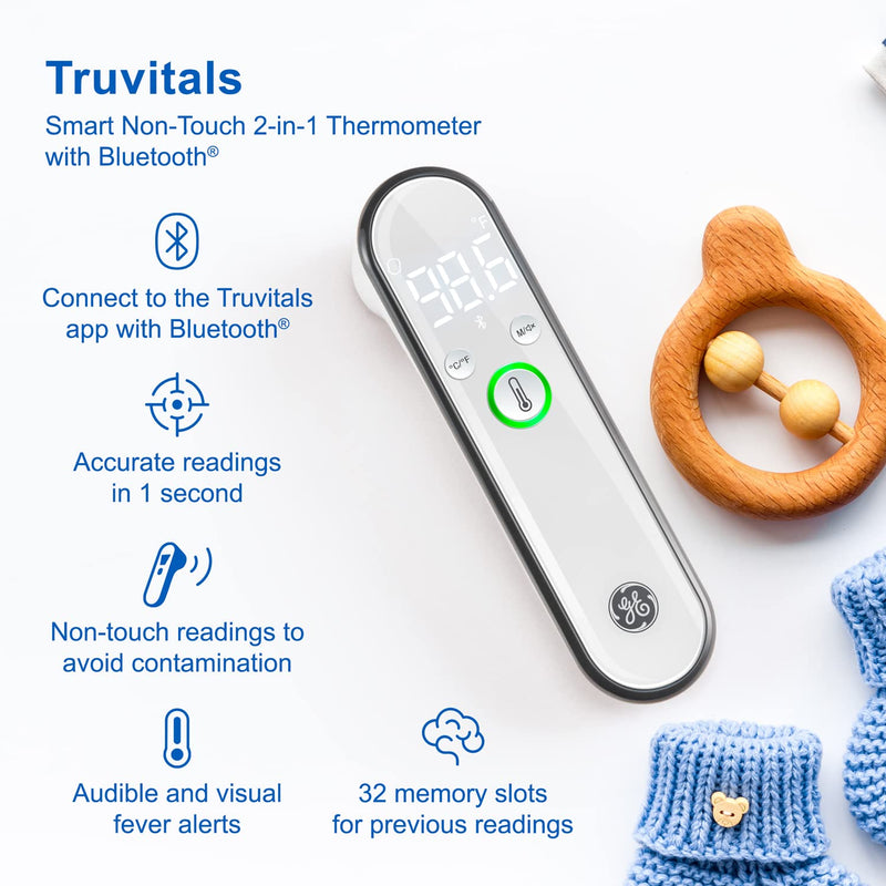GE Truvitals Wireless Digital Forehead Thermometer for Adults, Kids and Babies, No Touch 2-in-1 Instant Reading, Infrared Bluetooth Temperature Scanner, LCD Screen, Fever Alert & Tracking App (TM4000) - NewNest Australia