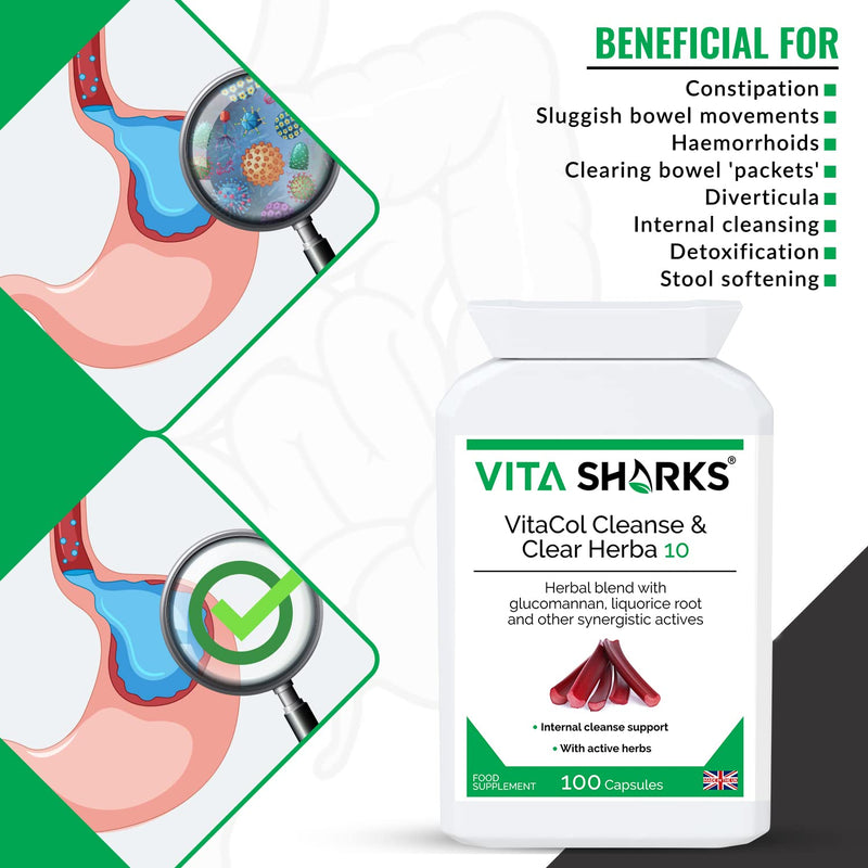 VitaCol Cleanse & Clear Herba 10 | Natural Stool Softening Vegan Colon Detoxifying & Bowel Cleansing Formula. 10 Kosher, Herbal Ingredients for Faecal Regularity & Relieve Constipation - NewNest Australia