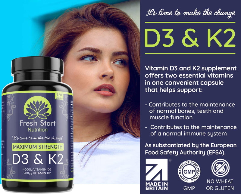 Vitamin D3 4000 IU and Vitamin K2 200μg MK7 - Vitamin D3 K2 High Strength Supplement - 120 Capsules 4 Month Supply Cholecalciferol - K2 Menaquinone-7 - Made in The UK - NewNest Australia