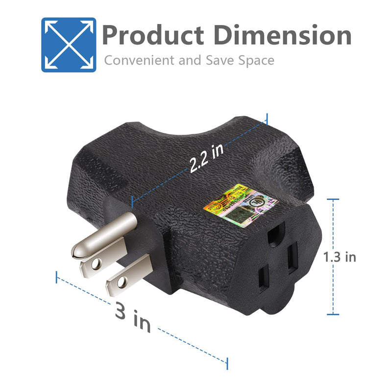 3-Outlet Grounding Adapter, Kasonic [UL Listed] Plug Extender, Heavy-Duty Grounded Power Tap - 3 Pack (Black) Black - NewNest Australia