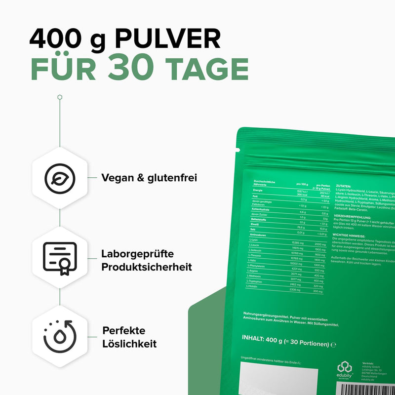 edubily nutrition® Vegan EAA powder • High-quality EAA complex made of 10 essential amino acids • Sour apple flavor • Sweetened with stevia • 400 g - NewNest Australia