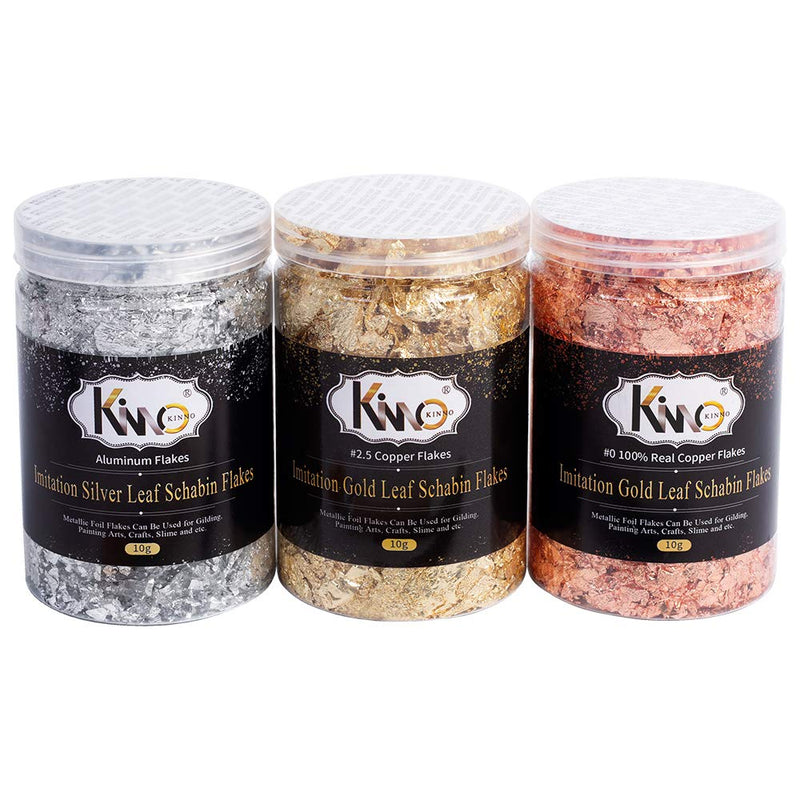 KINNO Gold Leaf Flakes Set with Tweezers and Brush - Color 2.5 Imitation Gold, Silver, Color 0 Real Copper, 3 Bottles Metallic Foil Flakes for Painting Arts and Crafts,Nail Art 30g+Brush - NewNest Australia