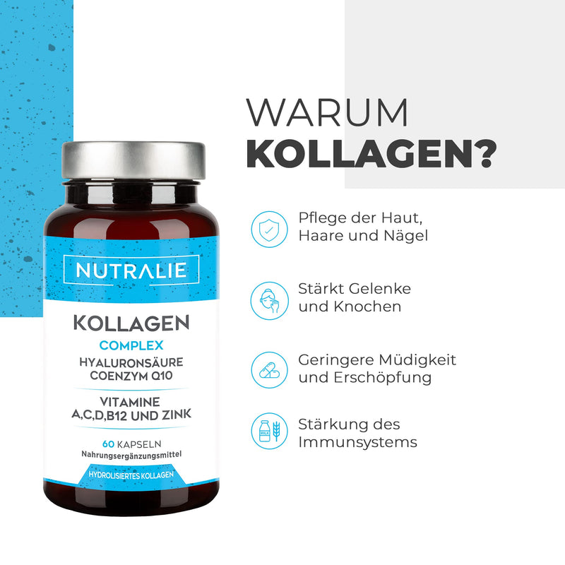 Collagen + Hyaluronic Acid + Coenzyme Q10 + Vitamins A, C, D and B12 + Zinc | For the joints and for the skin | Collagen hydrolyzate in 60 capsules | Nutralie 41.4 g - NewNest Australia