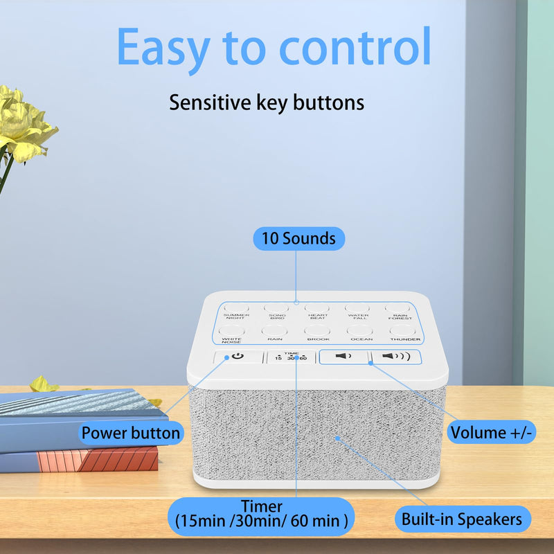BIGMONAT Portable White Noise Machine, with 10 high-quality natural soothing sounds, with memory and timing functions, suitable for infants, children, adults and home office travel, white - NewNest Australia