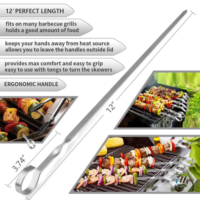 NewNest Australia - LANNEY Kabob Skewers Flat Metal BBQ Barbecue Skewer 12" Stainless Steel Shish Kebob Sticks Wide Reusable Grilling Skewers Set for Meat Shrimp Chicken Vegetable, 12 Pack 12" skewers(12 pack) 