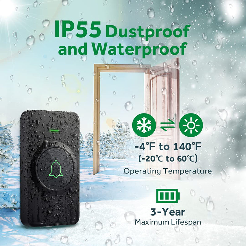 Wireless Door Bell, AVANTEK Mini Waterproof Doorbell Chime Operating at 1000 Feet with 52 Melodies, 5 Volume Levels & LED Flash Black - NewNest Australia