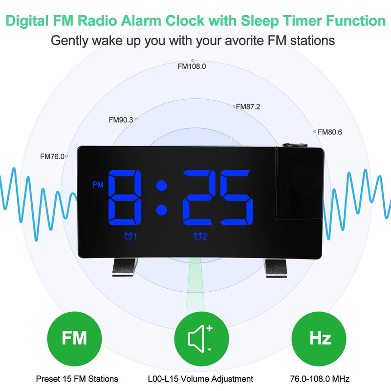 NewNest Australia - Digital Projection Alarm Clock Large 8” LED Curved Screen Display with USB Charger and Loud Dual Alarms for Bedroom, Plug-in 180° Projector 12/24 H Wall Ceiling Clock for Heavy Sleeper Kid Elderly Blue 