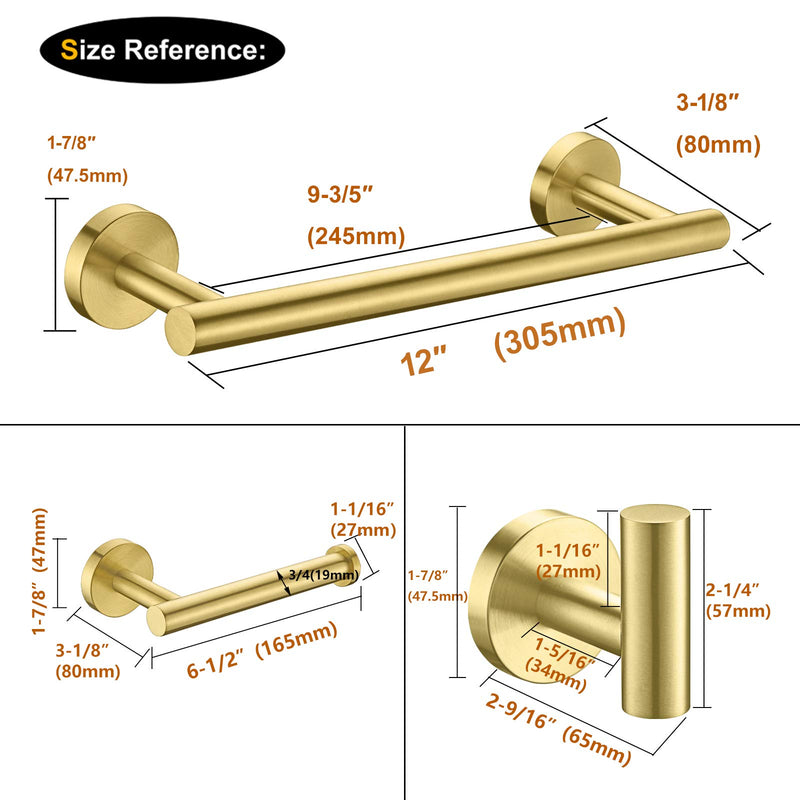 Nolimas 3-Pieces Brushed Gold Bathroom Hardware Set SUS304 Stainless Steel Round Wall Mounted Includes 12" Hand Towel Bar,Toilet Paper Holder,Robe Towel Hooks,Bathroom Accessories Kit - NewNest Australia