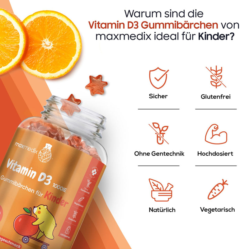 Vitamin D3 children's gummy bears 1000 IU - alternative to tablets & drops - 8 month supply - bones, teeth & immune system (EFSA) - 120 star-shaped pieces - 1 gummy every 2 days - orange flavor - NewNest Australia