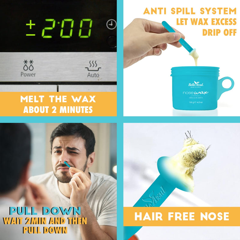 Belle Azul Nose Hair Wax Removal Set - 120g - Nose Hair Warm Wax Hair Removal Kit - made from high-quality organic beeswax - with 20 reusable applicators - men & women - Made in Spain - NewNest Australia