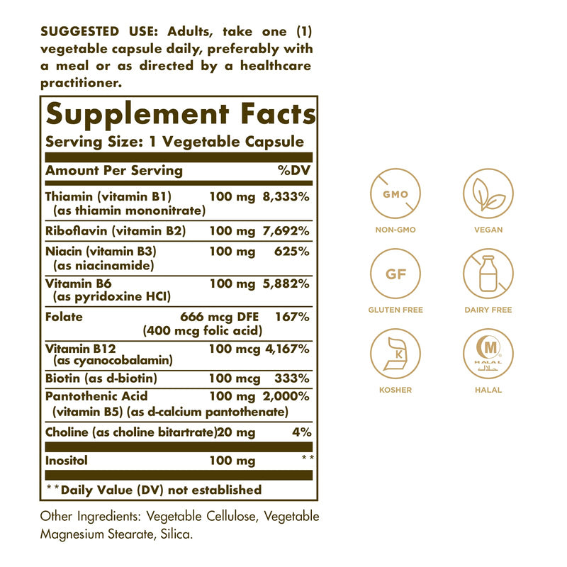 Solgar B-Complex "100", 100 Vegetable Capsules - Heart Health - Nervous System Support - Supports Energy Metabolism - Non GMO, Vegan, Gluten Free, Dairy Free, Kosher, Halal - 100 Servings 100 Count (Pack of 1) - NewNest Australia