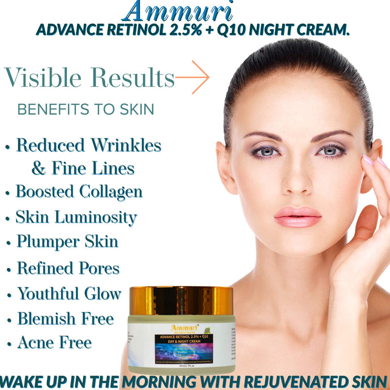 Ammuri Premium Skin Formula Q10 Face cream + Advance Retinol 2.5% Firming Day & Night Cream With Hyaluronic Acid Anti Wrinkle Face Moisturising Cream, Aloe Vera, Vitamin B5 & Vitamin E for Anti Ageing Advance Retinol 2.5% Night Cream - NewNest Australia