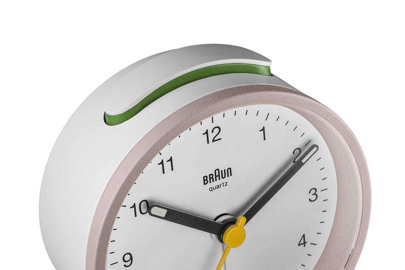 NewNest Australia - Braun Classic Analogue Alarm Clock with Snooze and Light, Quiet Quartz Movement, Crescendo Beep Alarm in White and Rose, Model BC12PW. 