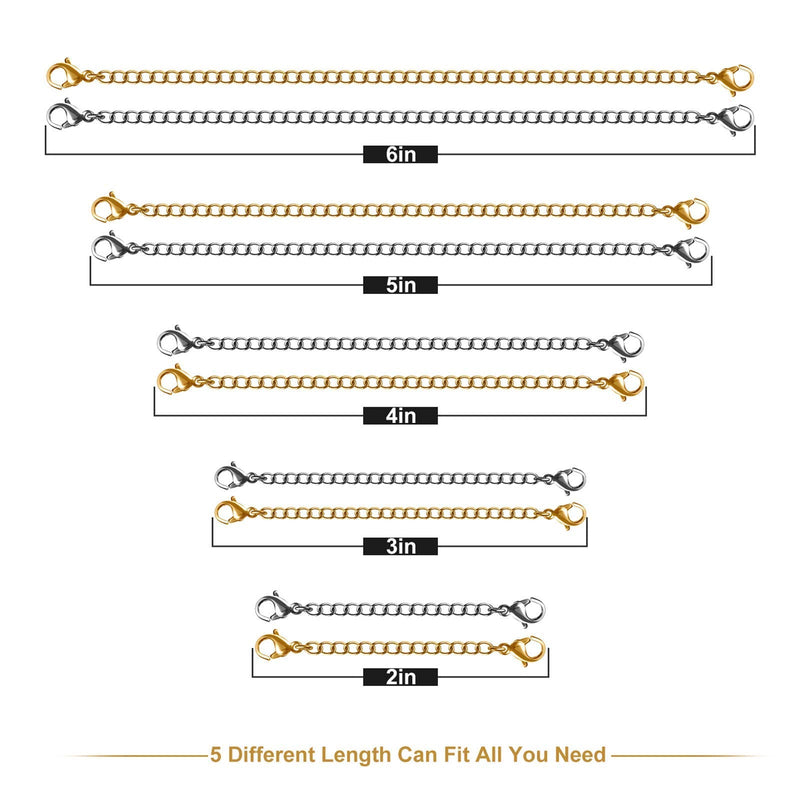 Necklace Extenders, 10Pcs Stainless Steel Gold Silver Necklace Bracelet Anklet Extension Chains with Lobster Clasps and Closures for Jewelry Making sliver&gold - NewNest Australia