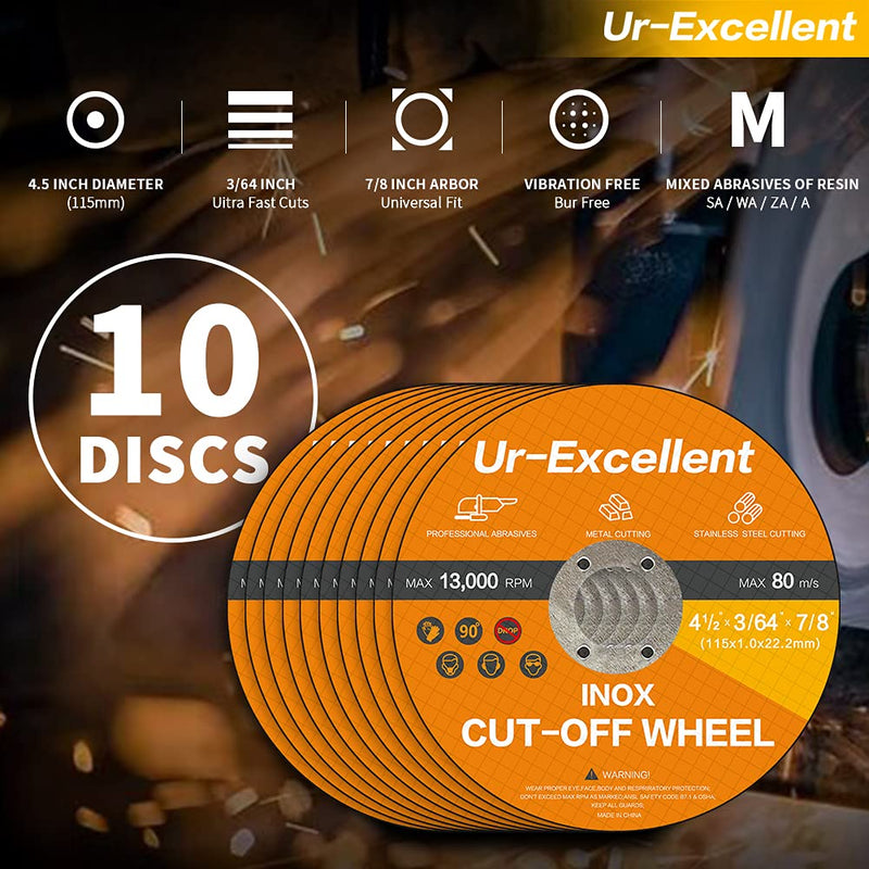 Ur-Excellent 10 Pack 4 1/2 Inch Thin Cut Off Wheels, Cutting Wheels On Angle Grinder for Metal & Stainless Steel Cutting, 4.5"x3/64"x7/8" Flat Disc - NewNest Australia