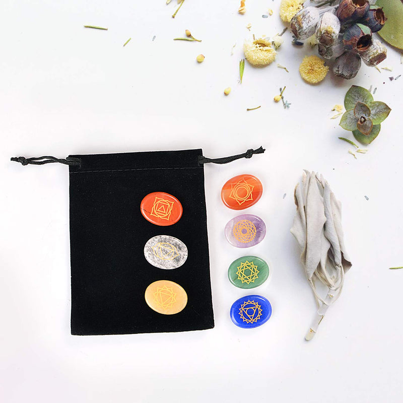 Hivexagon Natural Healing Chakra Stones, Set of 7 Worry Stones with Symbols, Reiki & Energy Healing Crystals for Meditation, Concentration, Spiritual Growth, Stress Relief - NewNest Australia