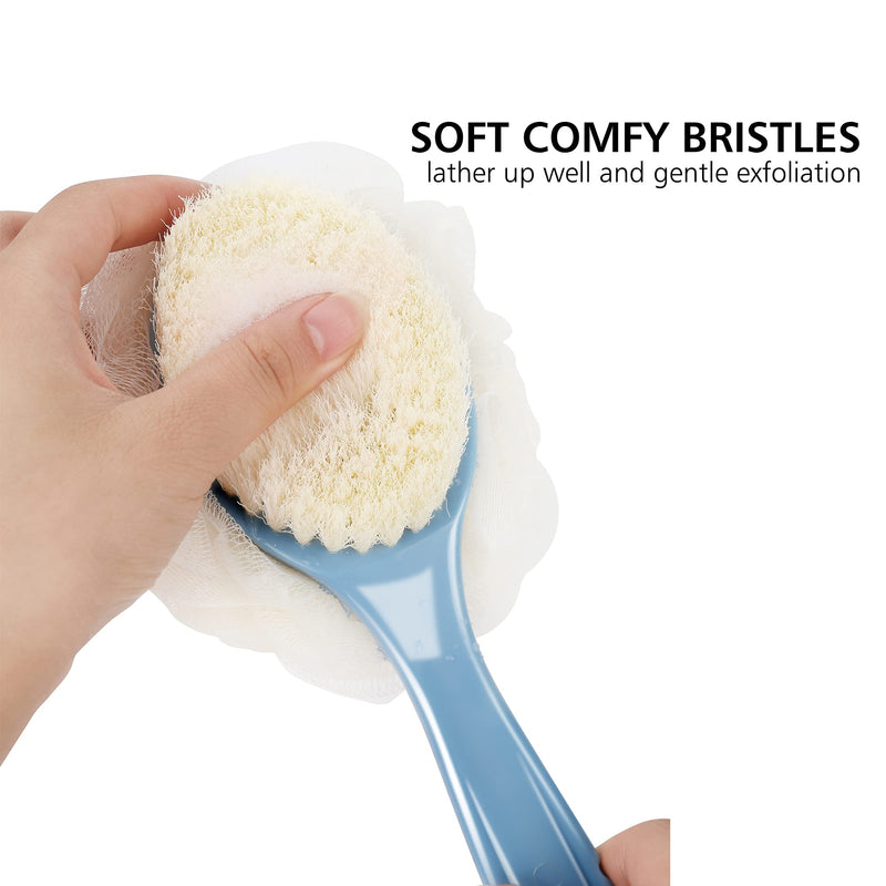 Shower Body Brush with Bristles and Loofah,Back Scrubber Bath Mesh Sponge with Curved Long Handle for Skin Exfoliating Bath, Massage Bristles Suitable for Wet or Dry, Men and Women (Blue) - NewNest Australia