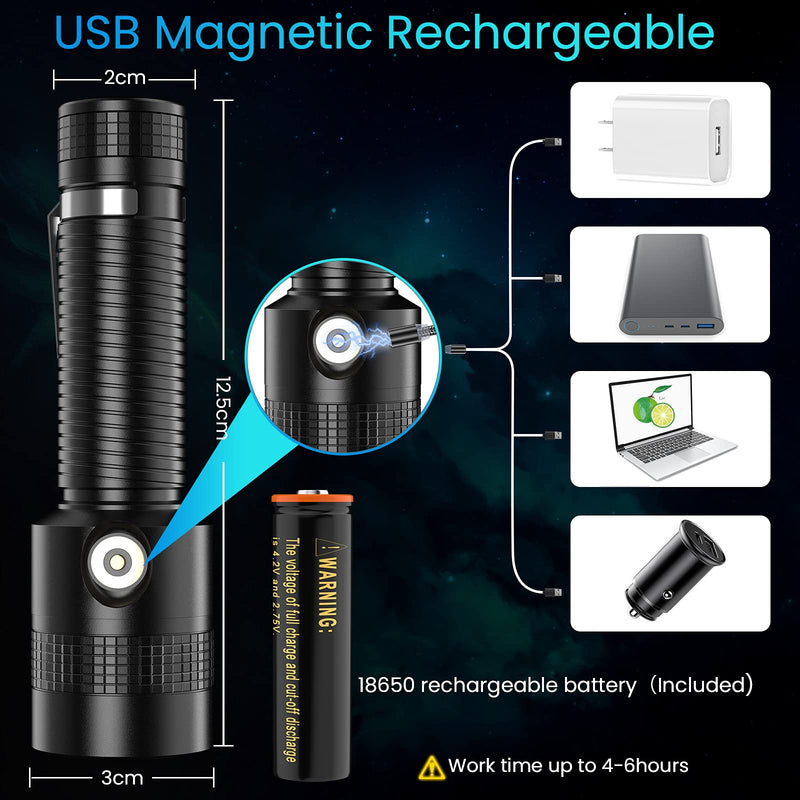 ATESON USB Magnetic Rechargeable LED Flashlights (18650 Battery Included) - 1000 Lumens Bright Tactical Flashlight with Clip - Waterproof 4 Modes Small Flash Light for Camping Hiking Emergency[2 Pack] - NewNest Australia
