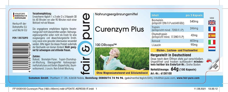 Fair & Pure - Curenzyme Plus - Enzyme Complex With Time Delayed Release - No Magnesium Stearate - 100 Drcaps - Contains Bromelain - Trypsin - Chymotrypsin And Rutoside (Rutin) - NewNest Australia
