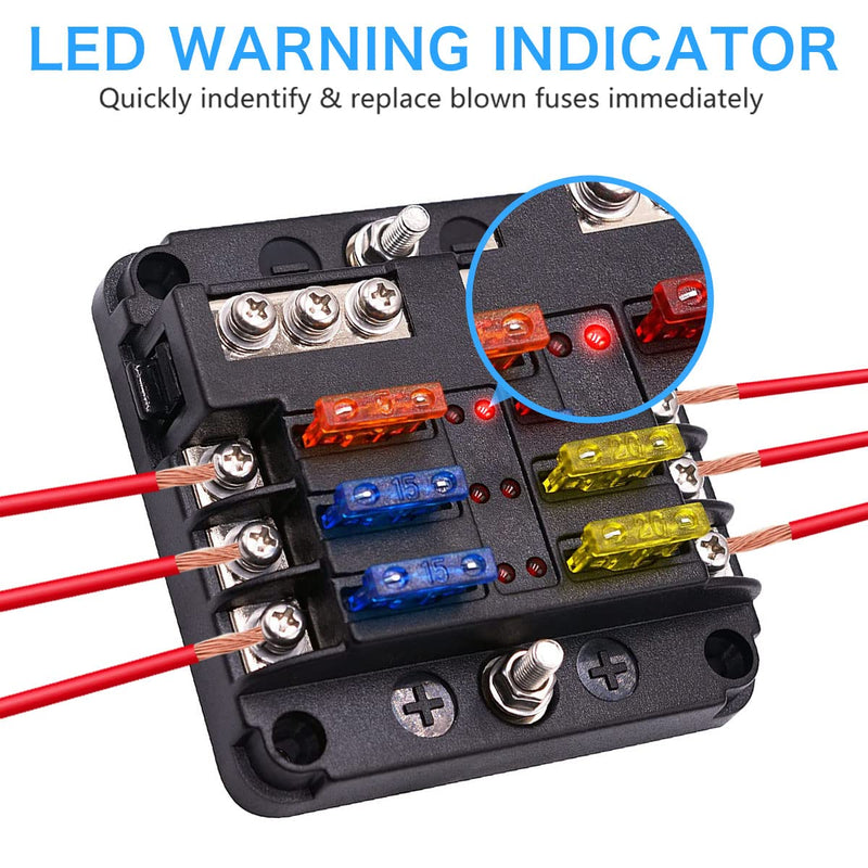 6 Way 12V Fuse Box 12Volt Blade Fuse Block, 6 Circuit W/Negative Bus Waterproof Fuse Box with LED Indicator for 12V/24V Automotive Golf Cart Truck Car Boat Marine RV Van Vehicle - NewNest Australia