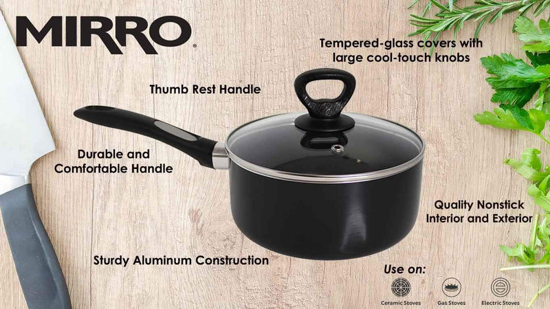 Mirro A79721 Get A Grip Aluminum Nonstick Sauce Pan with Glass Lid Cover Cookware, 1-Quart, Black - - NewNest Australia