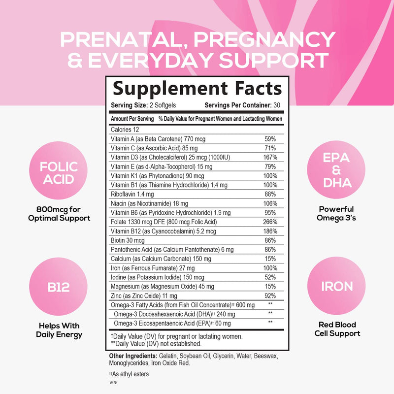 Prenatal Vitamins with DHA and Folic Acid - Before, During and Post Pregnancy - Best Prenatal Multivitamin with Vitamin A, C, D, B12, Non-GMO - 60 Softgels 60 Count - NewNest Australia