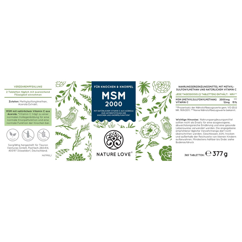 MSM 2000 mg with vitamin C per daily dose - 365 lab-tested tablets - more compact MSM powder than capsules - for joints - no additives, high dosage, vegan, made in Germany - NewNest Australia