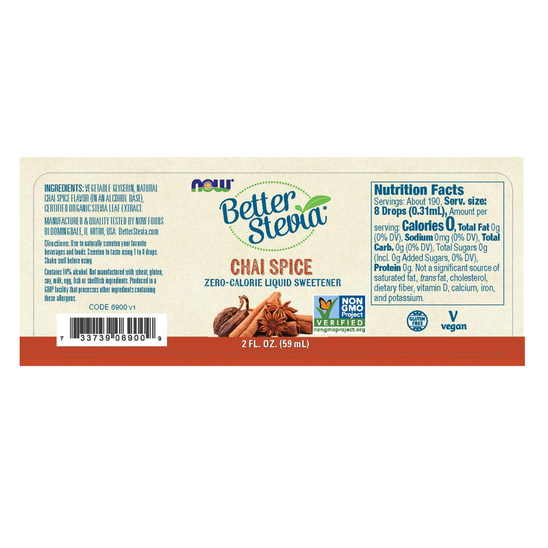 NOW Foods, Better Stevia, Liquid, Chai Spice, Zero-Calorie Liquid Sweetener, Low Glycemic Impact, Certified Non-GMO, 2-Ounce - NewNest Australia