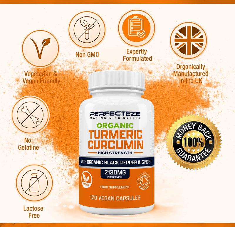 Organic Turmeric Curcumin High Strength and Black Pepper with Ginger 120 Veg Capsules 2130MG Advanced Turmeric with Active Ingredient Curcumin Organic Vegan 120 Capsules (3 Month Supply) - NewNest Australia