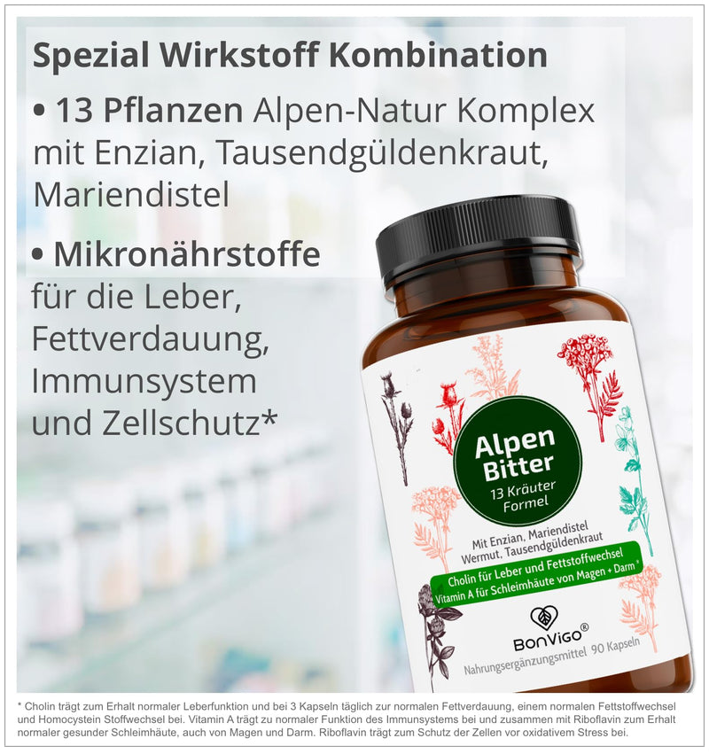 Bonvigo Alpenbitter 90 Bitter Capsules With Gentian, Wormwood, Dandelion, Centaury - Choline Supports Liver, Fat Metabolism, Digestion - 12-Herb Formula According To Stomach Bitter Monastery Recipe 1 - NewNest Australia