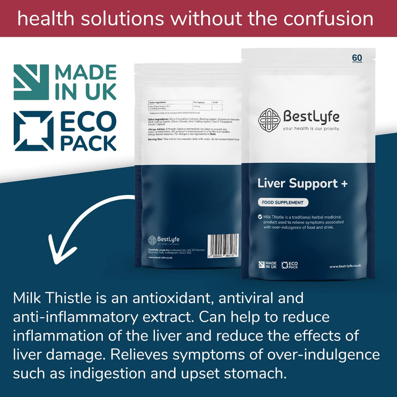 BestLyfe Liver Support + | 60 Capsules | Milk Thistle | Liver Detox | Liver Cleanse | Liver Repair | Liver Supplements | Gall Bladder Support | Brain Function Support | UK Made - NewNest Australia