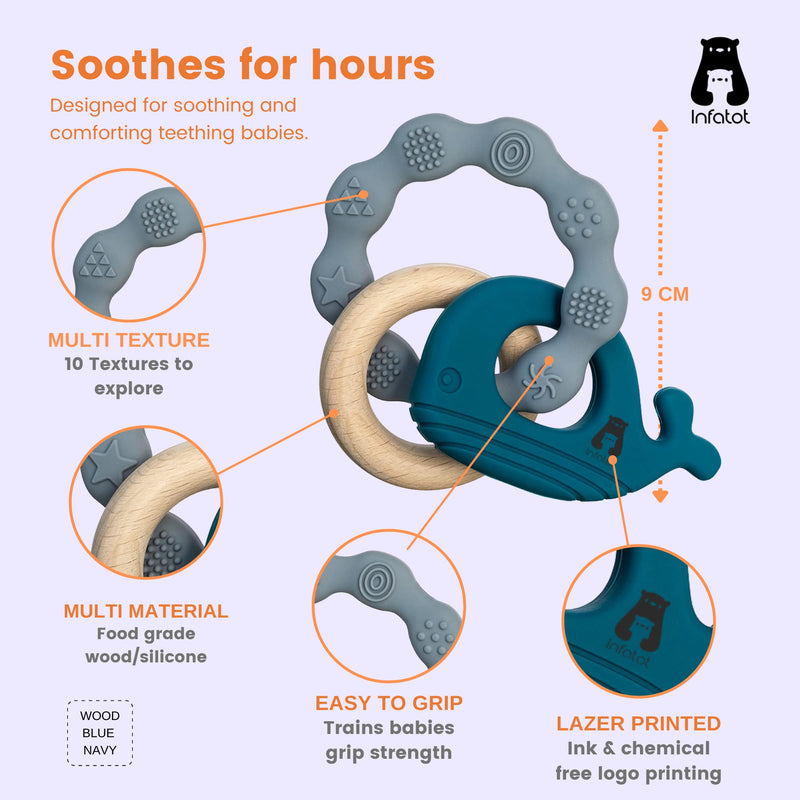 Infatot MultiTexture Teething Toys for Baby, BPA Free Silicone Easy to Hold Toy with Wooden Teether. Animal Teethers for Newborn & Babies 3 4 6 12 Months Boy & Girl Teether Infant & Shower Gifts. B Blue and Navy - NewNest Australia