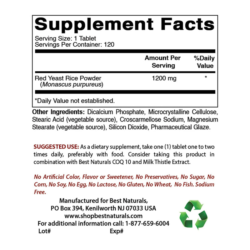 Best Naturals Red Yeast Rice Cholesterol Support 1200 mg (Non-GMO) 120 Tablets 120 Count (Pack of 1) - NewNest Australia